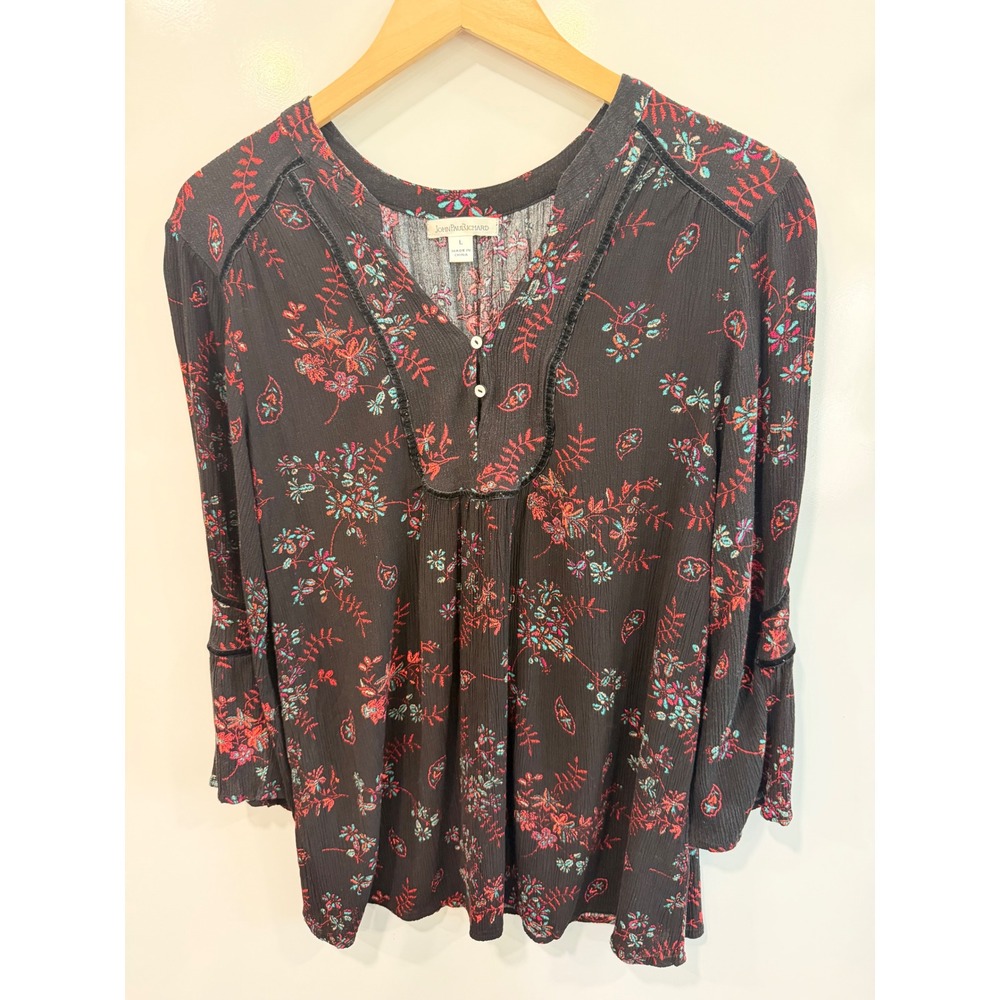 John Paul Richard Womens‎ Floral Peasant Blouse Black Velvet Trim Boho Top L